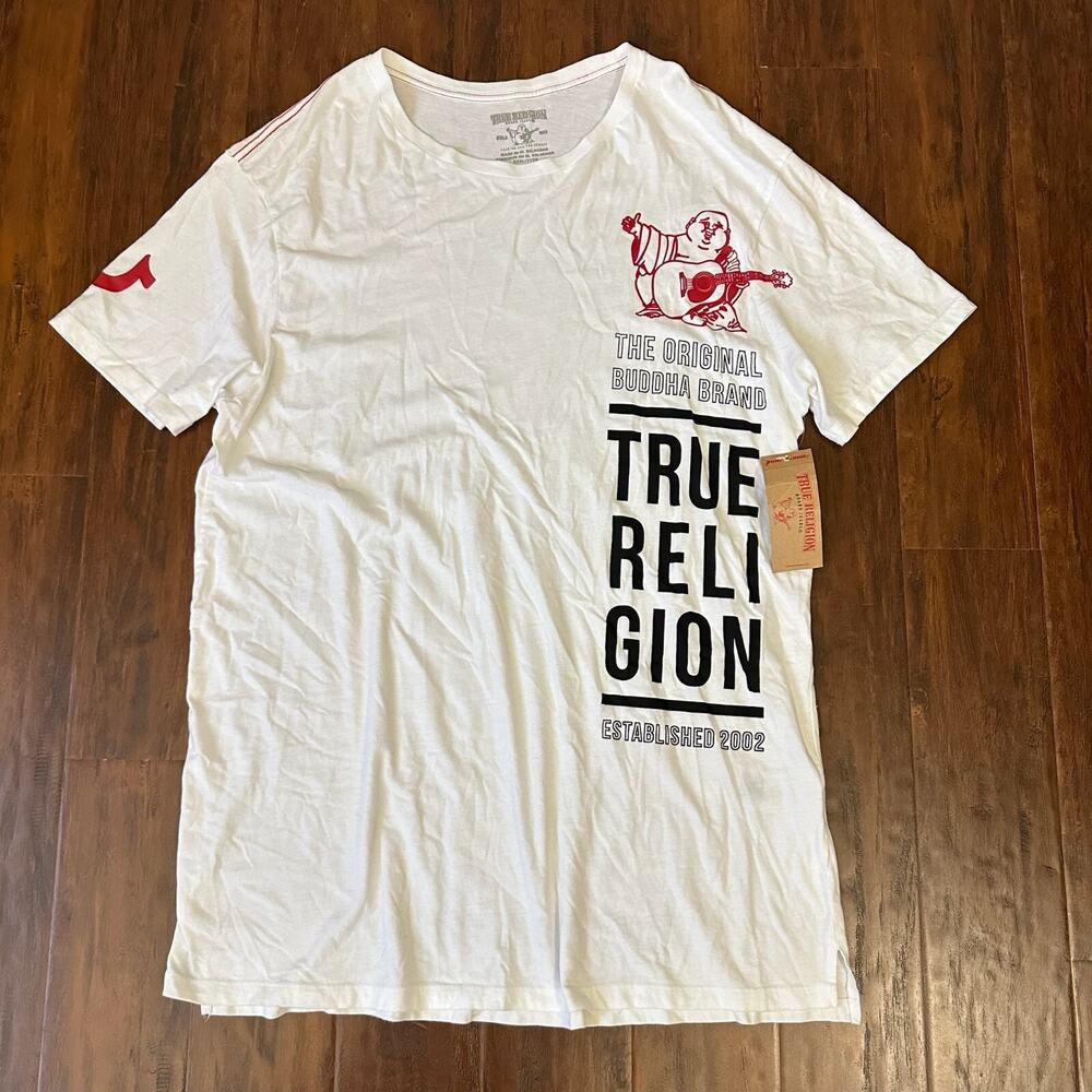 TRUE RELIGION Long Buddha Elongated T-Shirt White Crew Neck Tee NWT